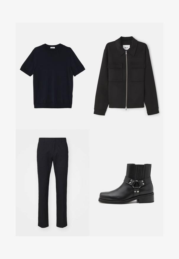 NN.07 ALBAN - Veste légère - black; sandro PABLO TEE - T-shirt basique - noir; Pantalon bleu marine avec une coupe ajustée, fabriqué en tissu lisse. Il présente un devant plat, des passants de ceinture et des jambes droites avec un ourlet soigné.; The Kooples CHAUSSURES - Bottines de cowboy / motard - black