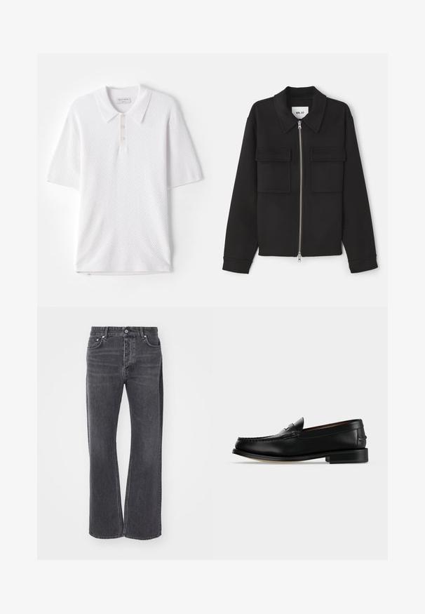 NN.07 ALBAN - Lichte jas - black; Witte polo shirt met een geweven ribstof, een kraag en drie kleine knopen aan de voorkant. Korte mouwen en een rechte zoom.; Zwarte high-waisted jeans met een losse, brede pasvorm. Gemaakt van denim, met subtiele vervaging en voor- en achterzakken.; Zwarte leren herenloafer met een lage hak en mocassinstiksels op de teen, zijaanzicht op een effen achtergrond.