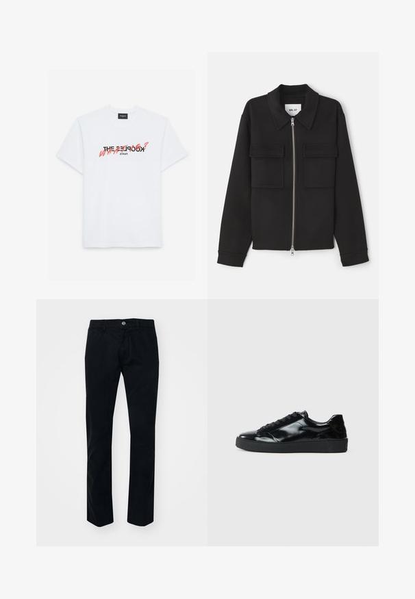 NN.07 ALBAN - Let jakke / Sommerjakker - black; Hvid bomulds t-shirt med korte ærmer, som har et sort og koralfarvet grafisk print. Teksten lyder: "THE KOOPLES? HVA?" og "PARIS."; Sorte lige bukser lavet af bomuld. Har en frontknaplukning, bæltesløjfer og en glat, mat struktur. Ingen synlige mønstre.; Sorte laklæder sneakers med rund tå, snørredesign, tekstureret gummisål og en glat overflade.