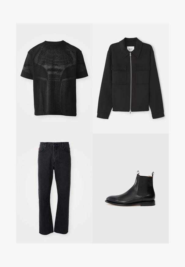 NN.07 ALBAN - Let jakke / Sommerjakker - black; Sort sport T-shirt med korte ærmer og struktureret mønster samt diskret "MISBHV SPORT" tekst på fronten.; Sorte denim jeans med lige ben-design, høj talje, knaplukning og subtile syninger langs lommerne og sømmene.; Sort læder Chelsea støvle med elastiske sidepaneler, trækstropper og en lav hæl på en hvid baggrund.