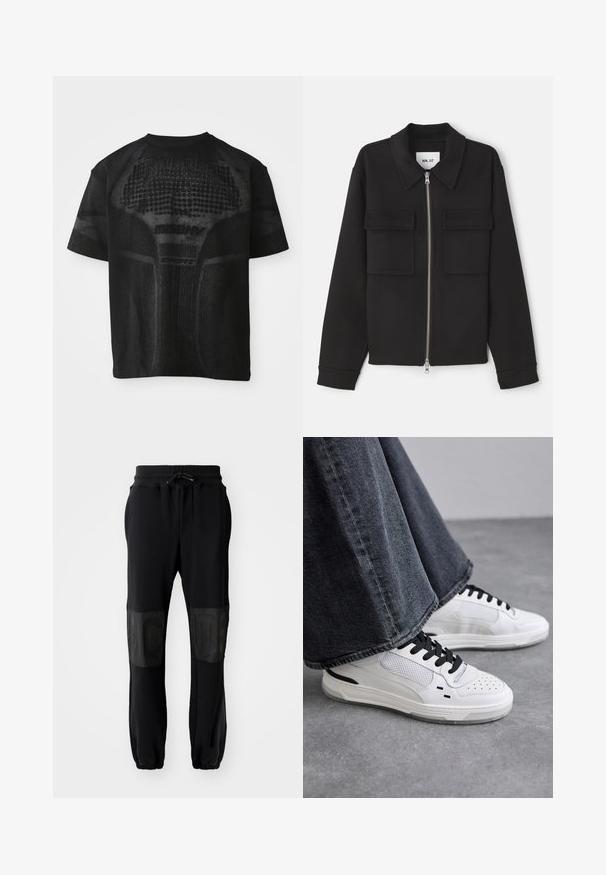 NN.07 ALBAN - Leichte Jacke - black; Schwarz, kurzärmliges Sport-T-Shirt mit strukturiertem Muster und dezentem "MISBHV SPORT"-Text auf der Vorderseite.; Schwarze Jogginghose mit geripptem Bund, Kordelzug und elastischen Bündchen. Mit glänzenden schwarzen Einsätzen an den Oberschenkeln und erhabenem Schriftzug.; Weiße Sneakers mit schwarzen Schnürsenkeln und Netzdetails. Die Schuhe verfügen über ein glattes Lederobermaterial und eine strukturierte Gummisohle. Kombiniert mit weiten, grauen Jeans.