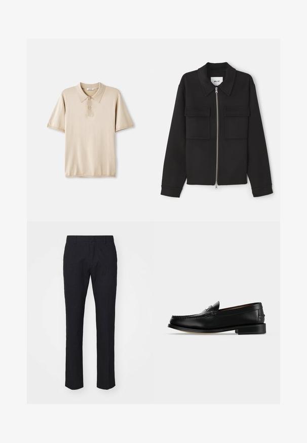 NN.07 ALBAN - Let jakke / Sommerjakker - black; Beige polo skjorte med krave og tre-knaps lukning. Korte ærmer, blød tekstur og lige søm. Minimalistisk design.; Marinebukser i skræddersyet snit, lavet af glat stof. Har flad front, bæltestropper og lige ben med en ren kant.; Sort læder herre loafer med lav hæl og mokkasinsyning på tåen, vist fra siden på en ensfarvet baggrund.