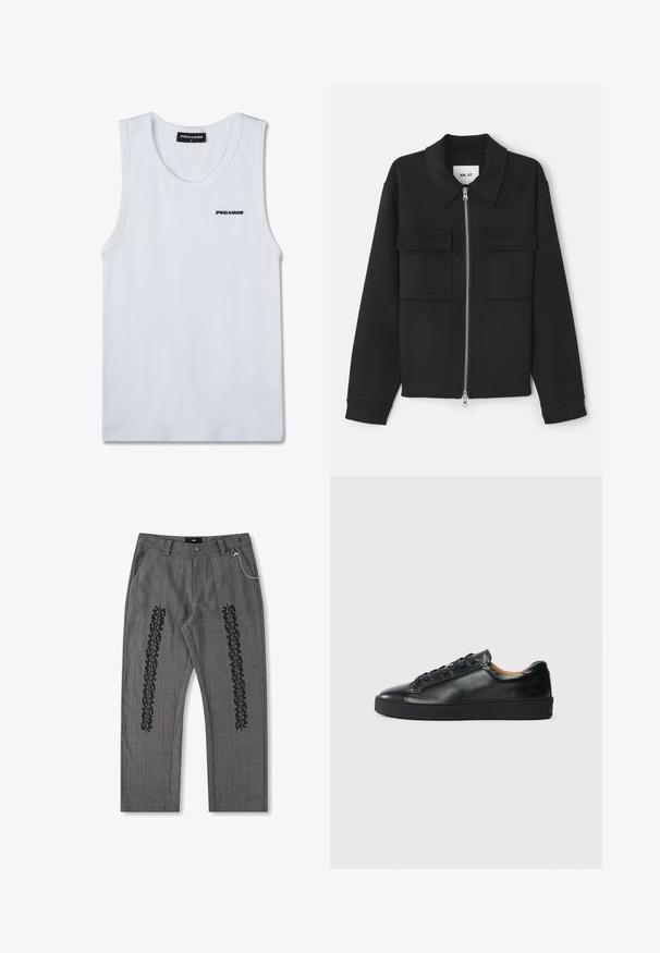 NN.07 ALBAN - Veste légère - black; Débardeur blanc sans manches en maille côtelée avec logo noir "PEGADOR" sur la poitrine et étiquette de taille à l'intérieur de l'encolure.; Pantalons à carreaux gris avec des détails en texte noir sur les côtés, présentant un accent de chaîne sur la taille. Conception à jambe droite, tissu texturé.; Baskets en cuir noir avec une texture lisse, bout rond et fermeture à lacets. Comprend une semelle en caoutchouc épaisse et un minimum de détails de marque.