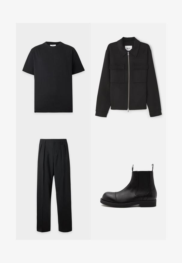 NN.07 ALBAN - Veste légère - black; T-shirt noir uni à manches courtes et col rond avec une petite étiquette blanche à l'intérieur du col sur un fond gris clair.; Pantalon noir taille haute, sur-mesure, avec passants pour ceinture, plis sur le devant, fermeture par bouton et jambes droites larges sur fond clair.; Bottine Chelsea en cuir noir à bout arrondi, panneaux latéraux élastiques, languettes à l’avant et à l’arrière, semelle plate, vue de côté sur fond blanc.