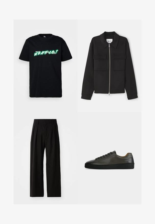 NN.07 ALBAN - Lichte jas - black; Zwarte katoenen t-shirt met opvallende groene en witte grafische tekst "WHAT IS?" aan de voorkant. Ronde hals en korte mouwen.; Zwarte wijde broek met een gladde textuur, voorzien van twee voorklokken, een knoopsluiting en zijzakken. Duurzaam materiaal.; Donkergrijze leren lage sneaker met zwarte veters en zool, minimalistisch ontwerp, zijaanzicht op een effen lichte achtergrond.