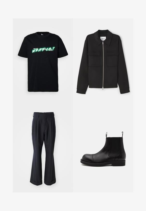 NN.07 ALBAN - Lichte jas - black; Zwarte katoenen t-shirt met opvallende groene en witte grafische tekst "WHAT IS?" aan de voorkant. Ronde hals en korte mouwen.; Zwarte op maat gemaakte broek met een ontspannen pasvorm, geplooide voorkant en brede pijpen. Voorzien van een omgeslagen zoom en een soepele stoftextuur.; Zwarte leren Chelsea-boot met afgeronde neus, elastische zijpanelen, aantreklussen voor en achter, platte zool, van opzij getoond op witte achtergrond.