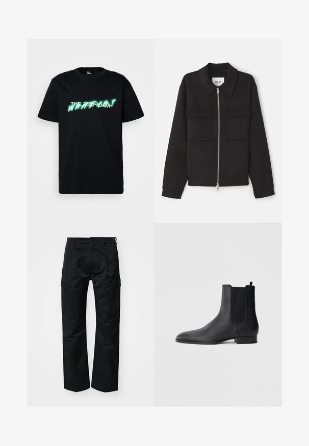 NN.07 ALBAN - Lichte jas - black; Zwarte katoenen t-shirt met opvallende groene en witte grafische tekst "WHAT IS?" aan de voorkant. Ronde hals en korte mouwen.; Zwarte cargo broek met een gladde textuur, voorzien van zijzakken, een knoopsluiting en een relaxed fit ontwerp.; Zwarte leren Chelsea-laars met elastische zijpanelen en lage gestapelde hak, vanaf de zijkant getoond tegen een eenvoudige lichte achtergrond.