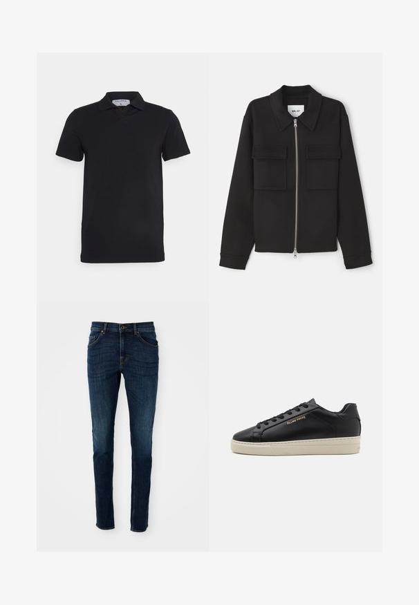 NN.07 ALBAN - Veste légère - black; Polo noir à manches courtes avec un col classique, fabriqué en tissu lisse. Présente une étiquette avec le nom de la marque 'Filippa K' au niveau de l'encolure.; Jeans en denim bleu foncé avec une coupe slim, un design structuré, un style à cinq poches et de légères décolorations le long des jambes et des coutures.; Sneaker en cuir noir avec une finition lisse, semelle crème contrastante, bout arrondi, logo doré sur le côté et six œillets pour les lacets.