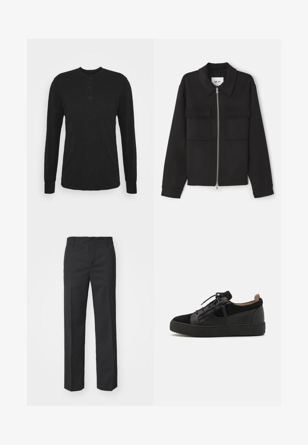 NN.07 ALBAN - Chaqueta fina - black; Camisa negra de manga larga con cuello redondo, tapeta de tres botones y puños ajustados. Está hecha de una tela suave con una textura lisa.; Filippa K TROY TROUSERS - Pantalones - black; Giuseppe Zanotti DOUBLE ZIP - Zapatillas - black