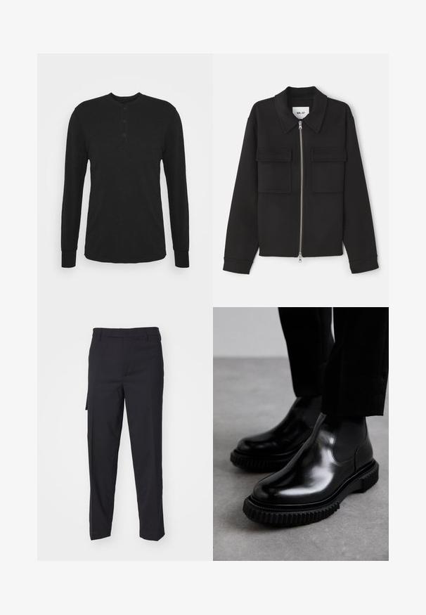 NN.07 ALBAN - Chaqueta fina - black; Camisa negra de manga larga con cuello redondo, tapeta de tres botones y puños ajustados. Está hecha de una tela suave con una textura lisa.; Pantalones negros hechos de una tela tejida suave. Cuentan con un corte recto, ajuste slim, presillas para cinturón y un bolsillo lateral.; Botas Chelsea de cuero negro con un acabado suave, paneles laterales elásticos y una suela de goma gruesa y texturizada que presenta un patrón de banda de rodadura resistente.