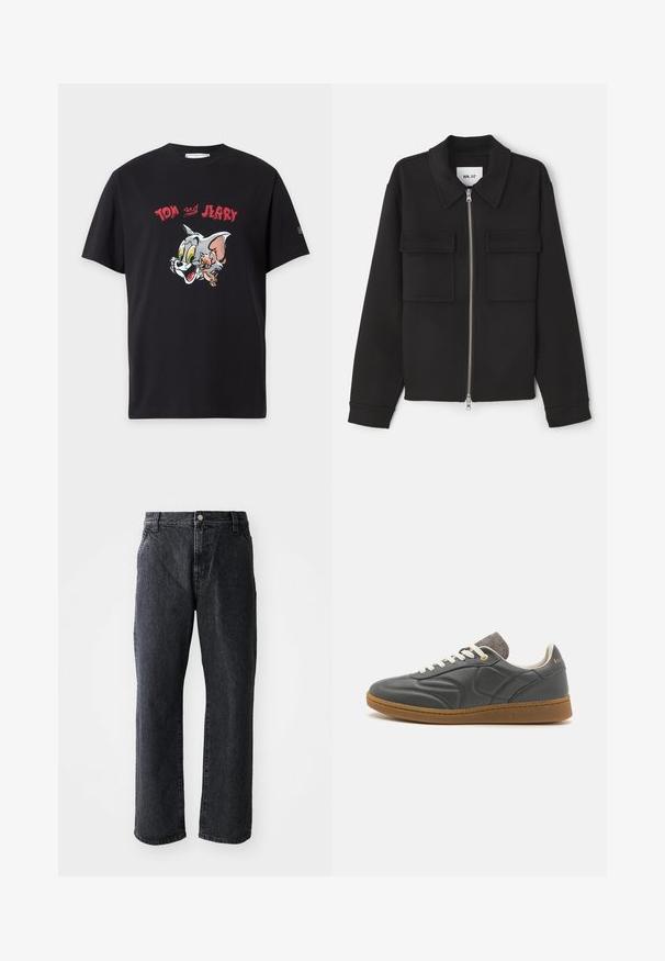 NN.07 ALBAN - Veste légère - black; T-shirt noir à manches courtes avec des visages colorés de Tom et Jerry dessin animé et texte rouge « Tom Jerry » au-dessus des personnages.; Jeans en denim noir à coupe droite, avec une fermeture à bouton, cinq poches et une texture subtile. Design classique sans motifs proéminents.; Baskets en cuir gris foncé avec un bout arrondi, lacets blancs, semelle en caoutchouc beige et légers accents en tissu gris au niveau du col. Détail du logo doré.