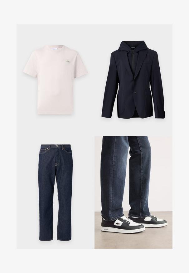 Blazer azul marino con dos botones, bolsillos parche, solapas con muesca y capucha con cremallera adjunta para un estilo en capas.; Camiseta de algodón rosa claro con cuello redondo, mangas cortas y un logo bordado de Lacoste en verde en el pecho. Textura suave.; Jeans de mezclilla azul oscuro con un diseño de pierna recta. Cuenta con un cierre de botón y cremallera, cinco bolsillos y detalles de costura en contraste.; Zapatillas Lacoste en blanco y negro con una parte superior de cuero texturizado, que presentan un diseño con cordones y una suela de goma blanca. Combinadas con jeans oscuros.