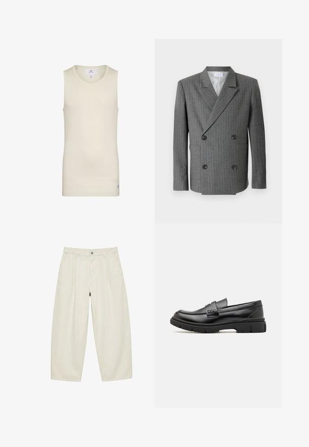 Libertine-Libertine PUBLIC - Blazerjasje - dark grey; Licht beige mouwloze top van ribbelstof met een ronde halslijn en een klein label aan de zoom. Eenvoudig en aansluitend ontwerp.; Loszittende beige broek met hoge taille, met riemlussen, voorste knoopsluiting, rits en zijzakken, plat weergegeven tegen een witte achtergrond.; Zwarte leren instapper met een brede band over de voet, rubberen zool met dikke noppen en een gladde textuur. Klassiek, strak ontwerp.