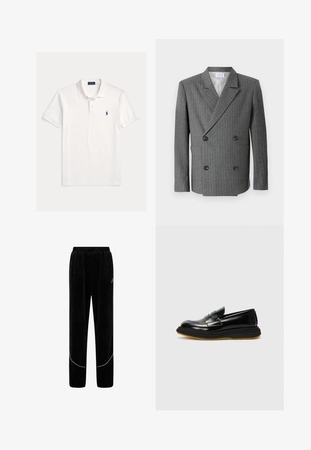 Libertine-Libertine PUBLIC - Blazere - dark grey; Hvid kortærmet Polo Ralph Lauren skjorte med krave, to-knaps knaplukning og lille mørkeblå broderet hestelogo på venstre bryst.; Sorte velourbukser med elastisk talje, prydet med hvide buede detaljer på siderne og et lille logo øverst til venstre.; Sorte læder loafers med et struktureret design, der har en forhøjet frontpanel, stikninger og en tyk, tekstureret gummisål.