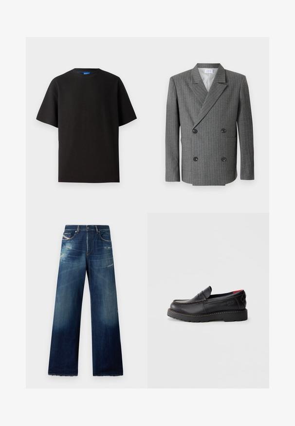 Libertine-Libertine PUBLIC - Blazerjasje - dark grey; Zwart T-shirt met korte mouwen, ronde hals, gemaakt van ribbelstoffen. Kenmerkt zich door een relaxte pasvorm en een subtiele blauwe merketiket aan de binnenkant van de hals.; Wijduitlopende denim jeans in donkerblauw met vervaagde delen, versleten details en rafelige zoom. Vier zakken en een knoopsluiting.; Zwarte leren instapper met moccasin-stiksel, rubberen zool en een gestructureerde afwerking. Bevat subtiele branding aan de zijkant.