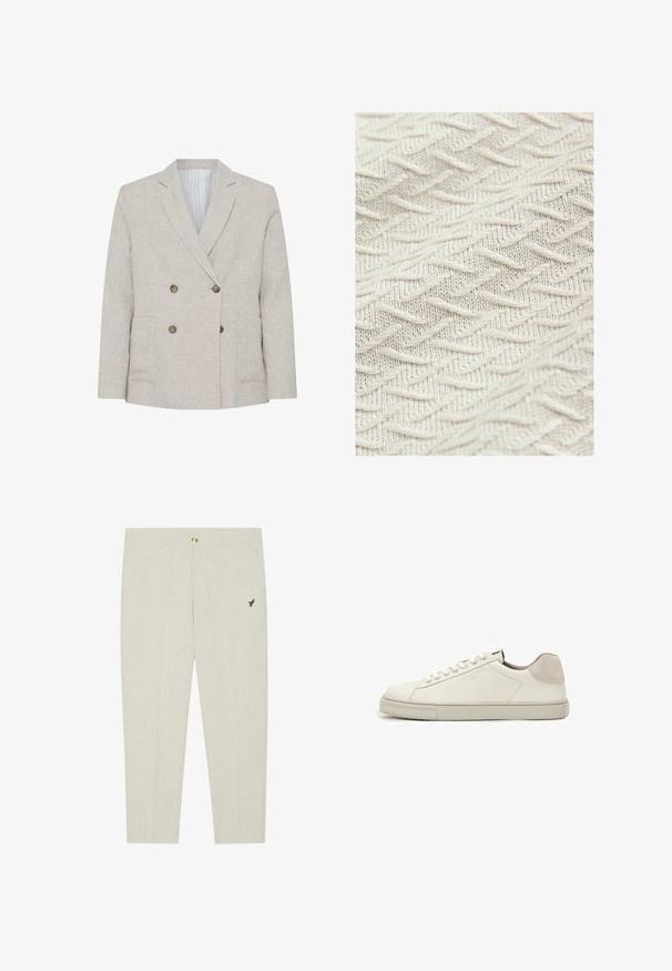 Veste blazer beige clair à double boutonnage avec revers crantés, quatre boutons marron, deux poches avant, et doublure intérieure rayée.; Tissu texturé de couleur crème, présentant un motif en zigzag avec des fils en relief pour plus de profondeur et de dimension. Texture légère et douce.; Pantalons ajustés beige clair avec une texture subtile, dotés d'une fermeture à bouton et d'un emblème sombre brodé près de la poche.; Baskets basses en cuir blanc avec lacets blancs, semelle légèrement texturée et patch en daim gris clair au talon, vue latérale.