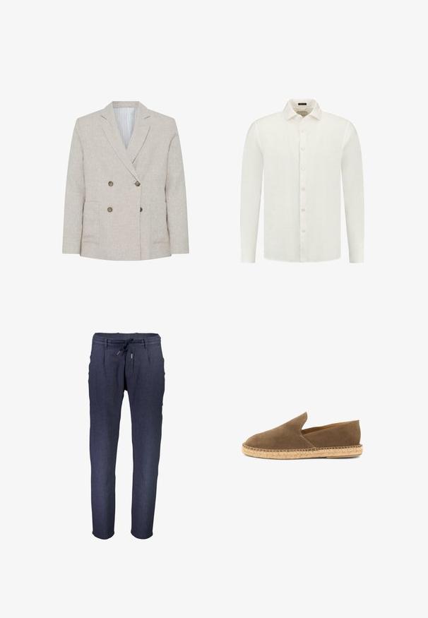 Veste blazer beige clair à double boutonnage avec revers crantés, quatre boutons marron, deux poches avant, et doublure intérieure rayée.; Chemise blanche à manches longues en lin, avec un col boutonné, présentant une patte de boutonnage à l'avant et un ourlet droit.; Pantalons bleu marine, tapered, en tissu texturé, avec une taille élastique dotée d'un cordon de serrage ajustable et des poches latérales.; Espadrille marron en daim à enfiler avec semelle en jute tressée et côtés bas, conçue pour un usage décontracté.