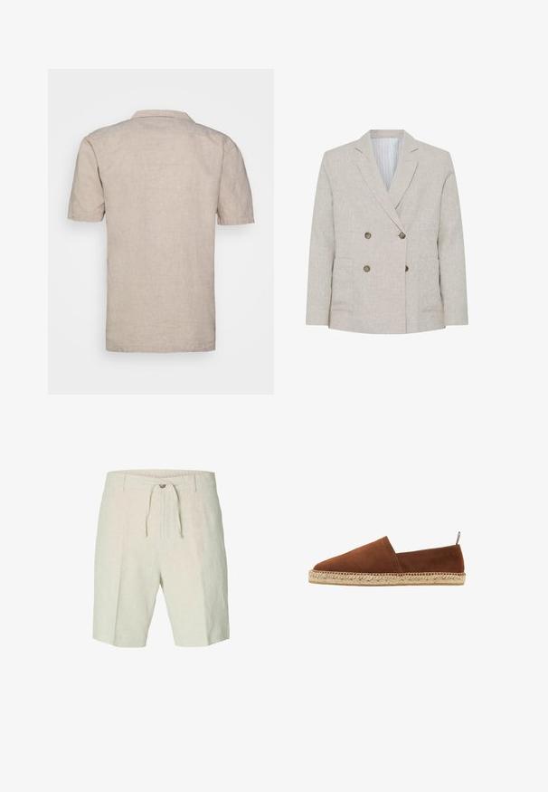 Veste blazer beige clair à double boutonnage avec revers crantés, quatre boutons marron, deux poches avant, et doublure intérieure rayée.; Chemise en lin beige à manches courtes avec un col, dotée d'un tissu texturé et d'un ourlet droit, sans motifs visibles ni accents.; Shorts en lin beige clair, avec taille à cordon de serrage, plis sur le devant et deux poches latérales. Texture lisse avec un design décontracté.; Scarosso Espadrilles - chestnut suede