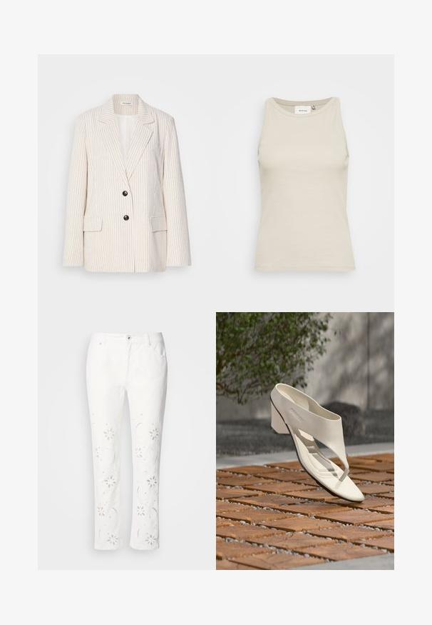 Blazer crème avec des rayures verticales, revers cranté, deux boutons noirs et poches avant. Tissu texturé avec une coupe structurée.; Débardeur beige clair en tissu côtelé avec un col rond et une conception sans manches. Présente une étiquette de marque discrète à l'intérieur.; Pantalon en coton blanc avec broderies florales le long des jambes, coupe droite et fermeture par bouton à la taille.; Sandale à talon en cuir blanc avec une large bride et un entre-doigts, exposée en extérieur sur une surface carrelée en bois et en gravier avec de la verdure en arrière-plan.