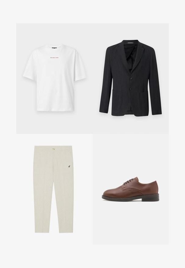 Mørkegrå blazer lavet af tekstureret stof, med en spids krave, to frontlommer og to knapper. Indersiden er foret i sort.; Hvid kortærmet t-shirt med rund hals og lille rød "MICHAEL KORS" tekst centreret på brystet.; Lysbeige skræddersyede bukser med subtil tekstur, der har en knaplukning og et broderet mørkt emblem nær lommen.; Brun læder sko til mænd med rund tå, snørelukning og en solid sort gummisål. Glat tekstur med en subtil glans.