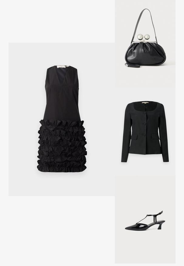 Chaqueta negra ajustada con un escote redondeado, mangas largas, tres botones frontales y dos bolsillos con solapa. Textura suave, ajuste estructurado.; Vestido negro sin mangas con escote en V y un diseño de tejido con volantes en la cintura, parte superior lisa que contrasta con la parte inferior texturizada.; Zapato slingback de cuero charol negro con punta fina, tira en T y tacón bajo en bloque inclinado sobre fondo blanco.; Bolso de mano de cuero negro con diseño fruncido, una sola correa, marco metálico plateado y dos cierres grandes redondos de plata.