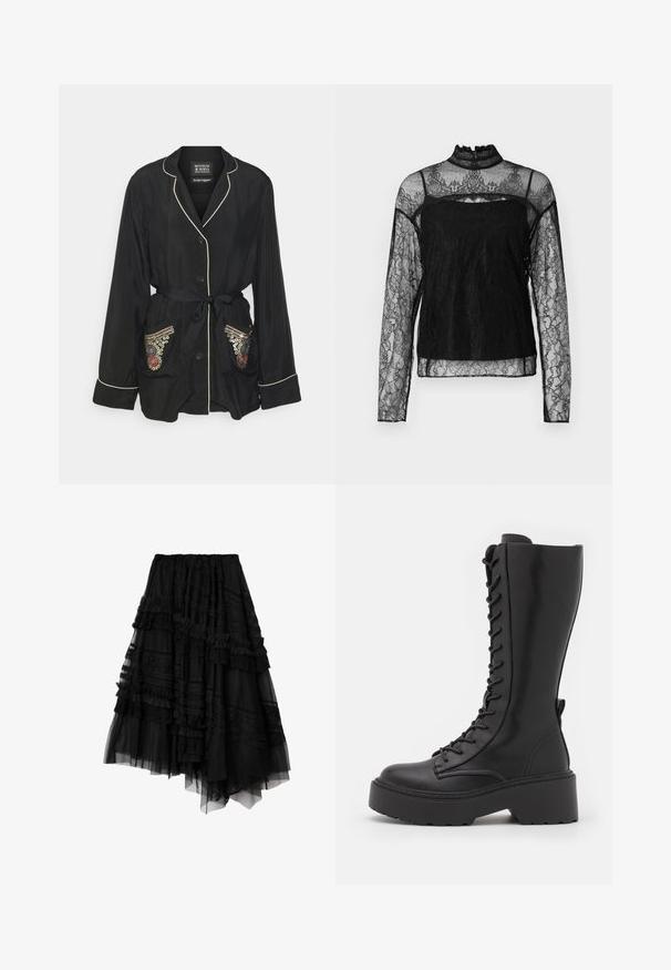 Zwarte satijnen ochtendjas met een reverskraag, een ceintuur in de taille, knopen aan de voorkant en geborduurde zakken met kleurrijke patronen en metallic accenten.; Zwarte lange mouwen kant top met hoge kraag, intrigerend bloemenpatroon, doorzichtig materiaal en een solide paneel over het borstgebied.; Zwarte asymmetrische gelaagde rok met kant- en ruchesdetails, gemaakt van doorschijnende en effen stoffen panelen.; Zwarte kniehoog laarzen met veter, voorzien van een chunky platformzool, een gladde leren afwerking en verstevigde stiksels langs de naden.