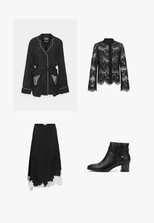 Robe en satin noir avec col en revers, taille cintrée, fermeture à boutons et poches brodées ornées de motifs colorés et d'accents métalliques.; Blouse en dentelle noire à manches longues avec des motifs floraux, ourlet festonné, col haut et fermeture à boutons.; Jupe midi noire avec un ourlet asymétrique et une dentelle blanche dépassant en dessous du bord inférieur.; Pikolinos CALAFAT - Boots à talons - black