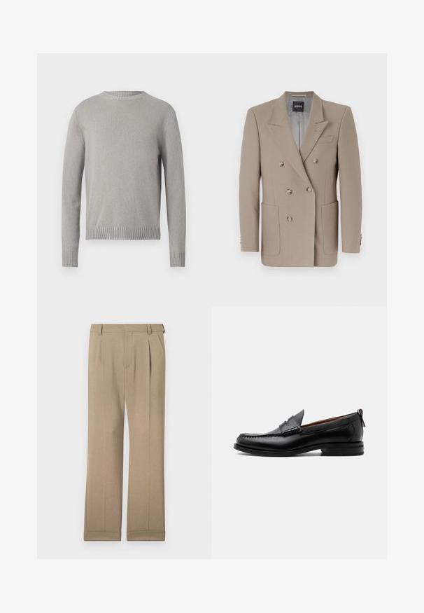 Beige dobbeltrådet blazer med to store forlommer, skarpe reverser og sølvfarvede knapper. Har en ensartet tekstur og skræddersyet pasform.; Lys grå strikket sweater med rund halsudskæring, ribbede manchetter og kant. Har et struktureret stof i en ensfarvet farve uden mønstre.; Beige bukser lavet af letvægtigt stof, med et lige ben-design, dobbelte folder og opfoldede kanter for en afslappet pasform.; Sort læder herre loafer med moc-tå syning, penny strop, struktureret krave og lav stablet hæl på hvid baggrund.