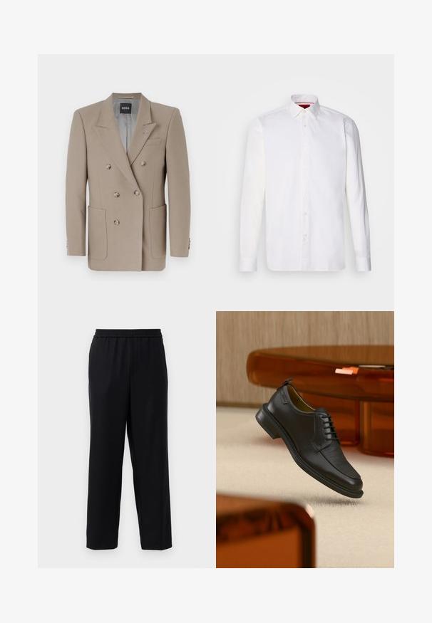Blazer beige à double boutonnage avec deux grandes poches avant, revers aigus et boutons argentés. Présente une texture unie et une coupe ajustée.; Chemise blanche à manches longues en coton, avec un col classique, une patte de boutonnage à l'avant et une texture lisse. Détail rouge à l'intérieur du col.; Pantalons noirs avec une taille élastique, design à jambes droites et un tissu lisse et léger. Pas de poches visibles ni de motifs.; Chaussure habillée noire en cuir à lacets avec devant texturé, flottant au-dessus d'un tapis beige dans une pièce moderne avec des meubles teintés d'ambre.