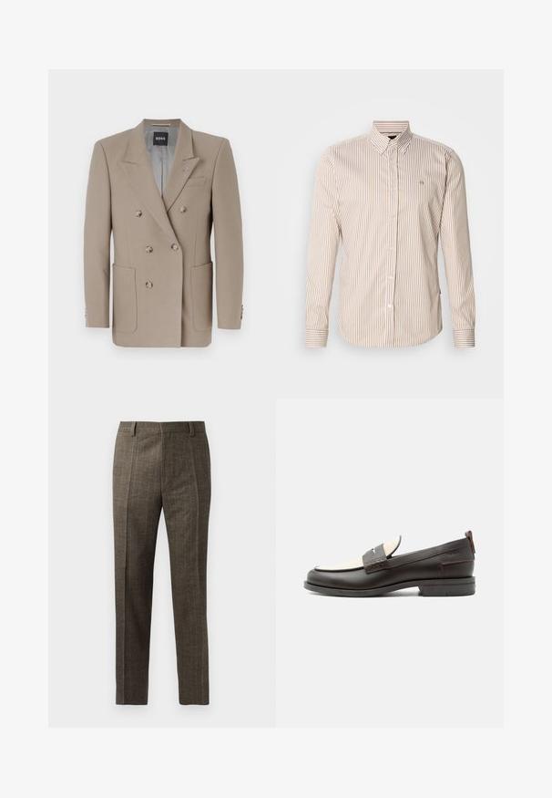 Blazer beige de doble botonadura con dos grandes bolsillos frontales, solapas afiladas y botones en tono plateado. Presenta una textura sólida y un corte entallado.; Camisa de botones a rayas en beige y marrón claro. Mangas largas, cuello clásico, botones al frente y un pequeño logo en el pecho. Tejido de algodón.; Los pantalones marrones de cuadros presentan un corte recto, pliegues frontales y trabillas para el cinturón. Están confeccionados con una tela texturizada con finas rayas.; Mocasín para hombre de cuero marrón oscuro con panel de tela crema y detalle clásico de correa cosida, suela plana y asa en el talón.