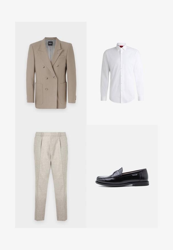 Beige doppelt geknöpfte Blazer mit zwei großen Vordertaschen, scharfen Revers und silberfarbenen Knöpfen. Besitzt eine feste Textur und eine taillierte Passform.; Weißes Herrenhemd aus glattem Stoff mit klassischem Kragen, langen Ärmeln und abgerundetem Saum. Mit eleganten beigen Knöpfen an der Vorderseite.; Hellegraue, zugeschnittene Hosen aus strukturiertem Material, mit flachem Frontdesign, zwei vorderen Falten und schlank zulaufenden Beinen, die knapp oberhalb der Knöchel enden.; Schwarze Leder-Loafer mit glänzendem Finish, mit einer gesteppten Verzierung auf der Zehenpartie und einer niedrigen, strukturierten schwarzen Gummisohle.