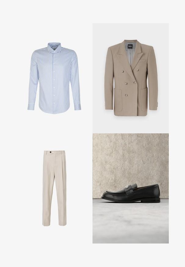 Beige dubbelzijdig jasje met twee grote voorzakken, scherpe revers en zilverkleurige knopen. Heeft een effen textuur en een getailleerde pasvorm.; Heren overhemd met lange mouwen, lichtblauwe en witte strepen, knoopsluiting aan de voorkant, klassieke kraag, katoen stof, soepele textuur, gebogen zoom.; Beige op maat gemaakte broek met een recht model, voorzien van voorplooien, een knoopsluiting en een gladde stofstructuur.; Zwarte leren loafer met een metalen merktekenplaatje, rustend bij een bruine ronde tafel op een beige tapijtvloer.
