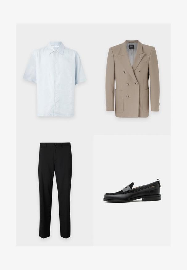 Blazer beige à double boutonnage avec deux grandes poches avant, revers aigus et boutons argentés. Présente une texture unie et une coupe ajustée.; Chemise bleu clair à manches courtes avec un motif de feuilles subtil, fermeture à boutons, et un col classique fabriquée dans un tissu lisse et texturé.; Pantalons noirs ajustés avec une coupe plate, taille standard et jambes droites. Fabriqués en tissu lisse, dotés d'une fermeture à un bouton.; Mocassin en cuir noir avec détail de bride grise, talon bas et semelle texturée, marqué "HUGO" en or sur le côté.