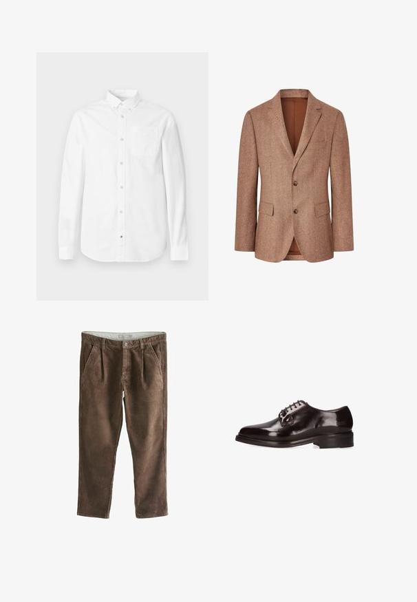 Blazer marrón de espiga hecho de tejido texturizado, con cierre de dos botones, solapas en pico y dos bolsillos frontales más un solo bolsillo en el pecho.; Camiseta blanca de manga larga hecha de algodón. Presenta un cuello abotonado, bolsillo delantero y textura sutil. Dobladillo recto con cierres de botones.; Pantalones de pana marrón con un patrón acanalado texturizado, que presentan dos bolsillos delanteros y un cierre con un solo botón en la cintura.; Zapato oxford de cuero marrón con un acabado pulido, punta redondeada, diseño de cordones y sutiles detalles de costura en la parte superior.