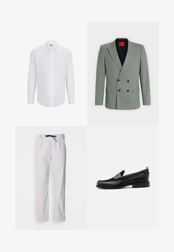 Lys grøn dobbeltradet blazer med spidse revers, fire sorte knapper, to forlommer med klap, og en rød inderetiket med teksten "HUGO."; Hvid langærmet skjorte lavet af glat stof med standard krave, frontlukning med knapper og afrundet kant. Ingen synlige mønstre eller accenter.; Bukser i bomuldsblanding med konisk pasform i lysegrå med snøre i taljen. Har frontplooier og sidelommer for funktionalitet.; Sort læderloafer med grå remdetalje, lav hæl og tekstureret sål, mærket med "HUGO" i guld på siden.