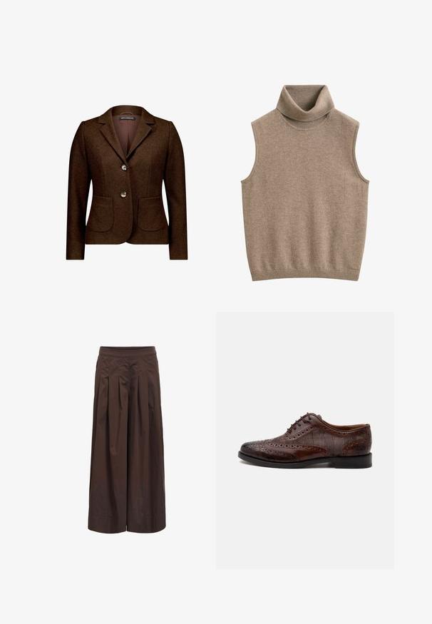 Blazer marron pour femme sur mesure avec deux boutons devant et poches plaquées à l'avant, avec un col cranté et des manches longues.; Gilet sans manches beige en maille avec col roulé et bord-côtes au niveau du col et de l'ourlet, en tissu doux.; Pantalon marron à jambes larges avec plis devant et taille ajustée, fabriqué en tissu léger, présenté sur fond blanc.; Chaussure habillée homme à bout golf en cuir marron avec détails brogue et panneaux latéraux en tissu à carreaux, vue de côté sur fond blanc.