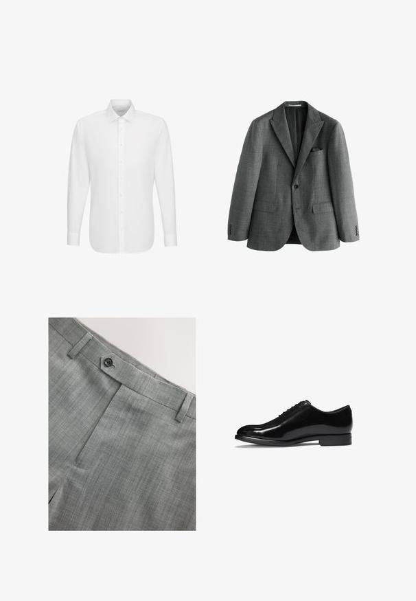 Grijs enkeknoops colbert met inkepingen aan de revers, twee klepzakken aan de voorkant, borstzak met een zwart pochet en mouwen met knopen.; Witte lange mouwen overhemd met knoopsluiting aan de voorkant en klassieke kraag, weergegeven tegen een effen witte achtergrond.; Lichtgrijze broek met een gestructureerde stof, een knoopsluiting en een vlak voorpand met subtiele krijtstrepen en zijzakken.; Glanzende zwarte leren oxford schoen met gesloten vetersluiting en lage hak, zijwaarts weergegeven op een witte achtergrond.
