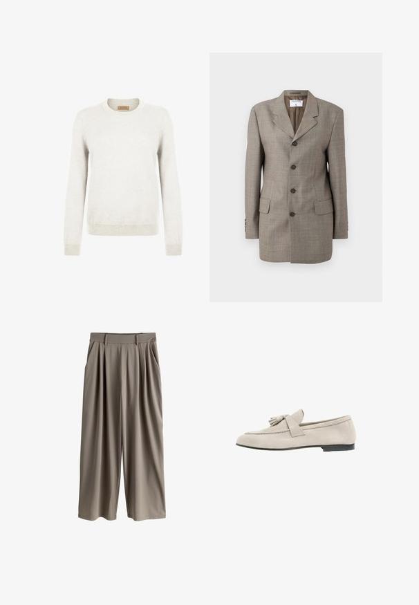 Brun ternet blazer med en enkeltknap design, revner lapels, fem knapper og to forlommer. Glat tekstur med skræddersyet pasform.; Lys grå sweater lavet af blødt strikstof, med rund hals og lange ærmer, samt ribbede manchetter og kant for ekstra tekstur.; Beige bukser med vide ben, læg, bæltestropper og sidelommer, designet til en afslappet pasform.; Lysebeige mokkasiner i ruskind med kvastdetalje, rundet tå, lav sort hæl og sømfattet overlæder, vist i profil mod en hvid baggrund.
