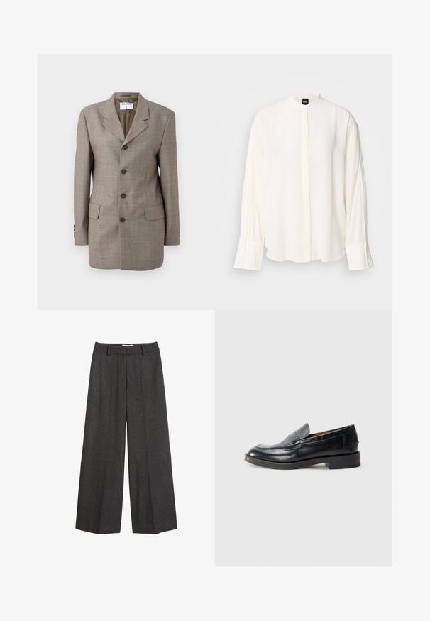 Brun ternet blazer med en enkeltknap design, revner lapels, fem knapper og to forlommer. Glat tekstur med skræddersyet pasform.; Langærmet, cremefarvet bluse lavet af glat stof; mandarin-krave, forflap, knappede ærmekanter og en afslappet pasform.; Bredde bukser i mørkegrå stof. Har en skræddersyet talje med bæltesløjfer, glat tekstur og minimale syninger som detaljer.; Sorte læder loafers med et stilfuldt syning design, rund tå, lav stablet hæl og prægede logo detaljer på siden. Glat tekstur.