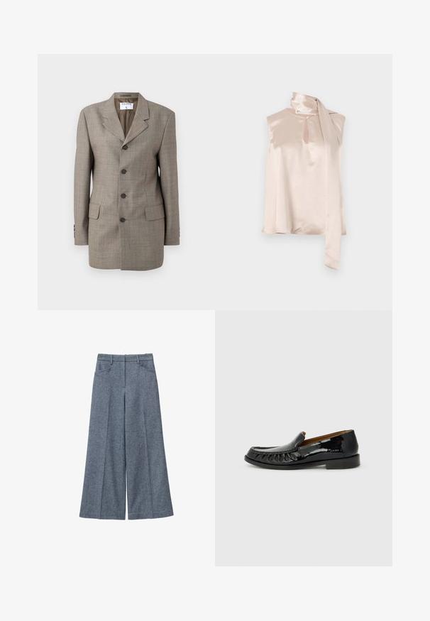 Brun ternet blazer med en enkeltknap design, revner lapels, fem knapper og to forlommer. Glat tekstur med skræddersyet pasform.; Satin ærmeløs top i lys pink med en nøglehul-halsudskæring og en fastgjort draperet tørklæde-detail på skulderen. Glat tekstur, minimalistisk design.; Grå uldbukser med vid ben, der har en glat tekstur, høj talje, to sidelommer og diskrete plisseringer.; Sorte patentlæder loafers med frangesmykning på fronten og rund tå. Sålen er flad og tekstureret for godt greb.