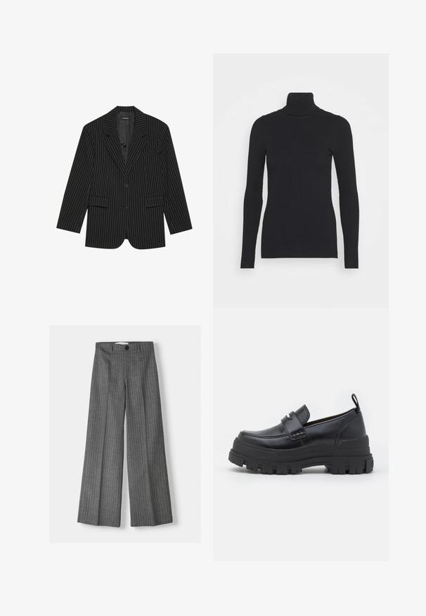 Zwarte pinstripe blazer met een notch-lapel, enkele knoopsluiting, twee voorzakken en een licht oversized pasvorm. Glad, op maat gemaakt stof.; Zwarte geribde coltrui met lange mouwen en een aansluitende pasvorm. De textuur is glad met een horizontaal ribpatroon.; Grijze wijde broek met een streepjespatroon, voorzien van een knoopsluiting en twee voorkleppen. Gemaakt van gestructureerde stof.; Zwarte leren loafer met dikke geribbelde zool, moc-toe stiksels, banddetail bovenaan en een trekband bij de hiel, zijaanzicht getoond.