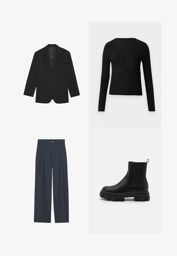 Zwarte pinstripe blazer met een notch-lapel, enkele knoopsluiting, twee voorzakken en een licht oversized pasvorm. Glad, op maat gemaakt stof.; Zwarte geribde langochtriem trui met een ronde halslijn, weergegeven tegen een effen lichte achtergrond.; Wijduitlopende broeken van gestructureerde donkergrijze stof, met voren geplooide details, een knoopsluiting en praktische zijzakken.; Zwarte leren enkellaarsjes met elastische zijpanelen, robuuste rubberen zool en trekhaak. Heeft een gladde textuur en een duidelijk profielpatroon.