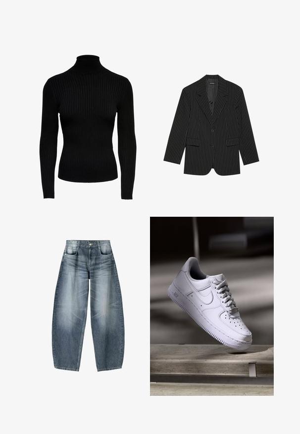 Blazer noir à rayures avec un col cranté, fermeture à un bouton, deux poches avant et une coupe légèrement oversize. Tissu lisse et ajusté.; Pull noir en maille côtelée à col roulé, avec des manches longues, au design ajusté et à la texture lisse. Doté d'un col haut et de manches resserrées.; Jean large en denim bleu clair avec décoloration, présentant un design à cinq poches, un bouton de fermeture et des détails de couture minimaux.; Baskets Nike Air Force 1 blanches lévitant au-dessus d'une surface en béton avec des ombres dans un cadre minimaliste.