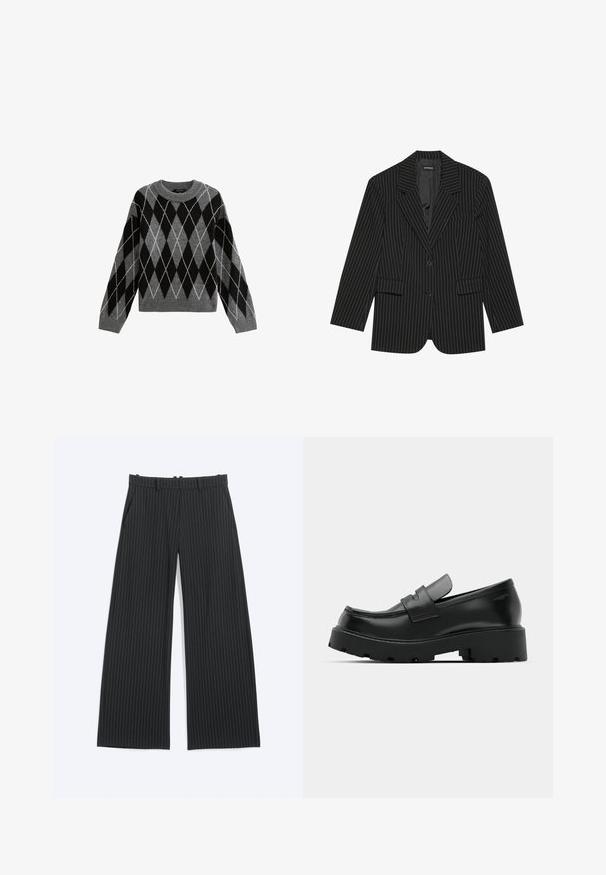 Blazer noir à rayures avec un col cranté, fermeture à un bouton, deux poches avant et une coupe légèrement oversize. Tissu lisse et ajusté.; Pull en tricot argyle gris et noir avec col rond, manches longues et ourlet côtelé, présentant des contours de losanges blancs. Texture douce.; Pantalon large noir à fines rayures blanches, avec passants de ceinture, poches avant et fermeture avant dissimulée.; Mocassins en cuir noir avec une semelle épaisse et texturée, dotés d'une sangle sur le vamp et d'une finition lisse et polie.
