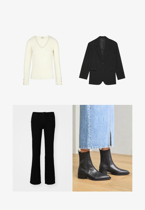 Blazer negro a rayas con solapa de muesca, cierre de un solo botón, dos bolsillos frontales y un ajuste ligeramente oversize. Tejido suave y ajustado.; Suéter blanco acanalado de cuello en V con mangas largas y acentos de botones dorados en los puños. Textura suave y diseño ajustado.; Vaqueros negros de campana hechos de denim, con una cintura de altura media, cinco bolsillos y detalles de costura sutiles en los bolsillos traseros.; Pavement SHANI - Botines - black