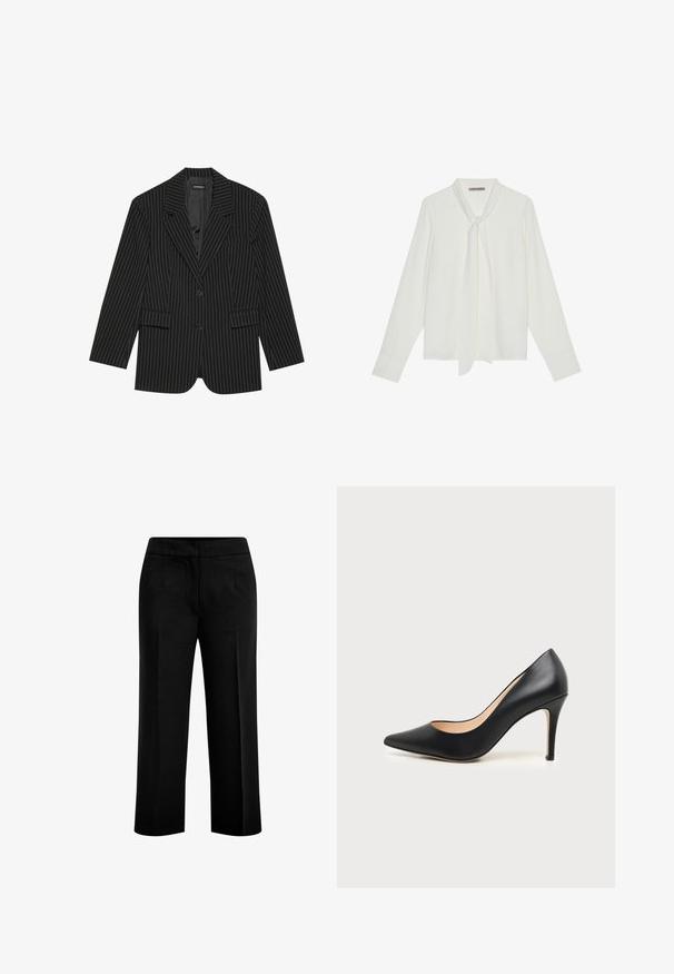 Čierny blazer s jemným prúžkom, s okrajovým golierom, jedným gombíkom, dvoma prednými vreckami a mierne voľným strihom. Hladká, prispôsobená tkanina.; Biele blúzkové tričko s dlhými rukávmi vyrobené z hladkej tkaniny, s viazaním na krku a prispôsobenými manžetami. Jednoduchý, klasický design bez vzorov.; Čierne nohavice s širokými nohavicami vyrobené z hladkej tkaniny, ktoré majú dva predné vrecká a plochý pás. Strih s čistou siluetou.; Čierne lodičky s vysokým podpätkom, špicatou špičkou, hladkým povrchom a úzkym opätkom na neutrálnom pozadí.