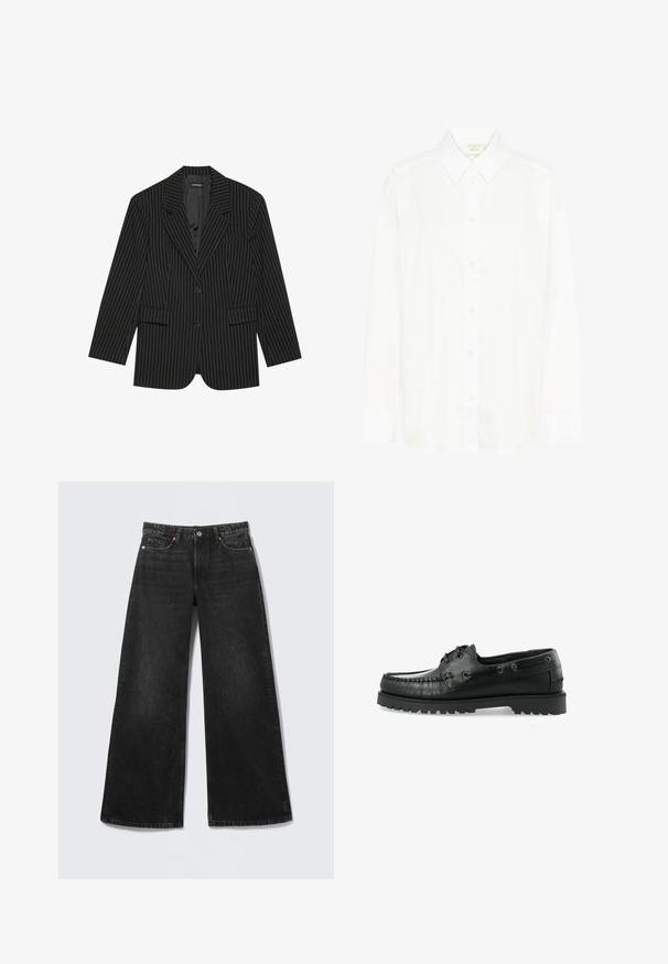 Blazer negro a rayas con solapa de muesca, cierre de un solo botón, dos bolsillos frontales y un ajuste ligeramente oversize. Tejido suave y ajustado.; Camisa blanca de manga larga con botones al frente, cuello clásico y corte regular. Hecha de tela suave, cuenta con ocho botones en la parte delantera.; Vaqueros negros de pierna ancha con cinco bolsillos y cierre de botón, mostrados planos sobre un fondo claro.; Zapato de barco de cuero negro con un diseño de mocasín, puntera redondeada, costuras decorativas y una suela de goma texturizada con tacos.