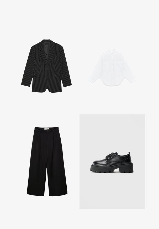 Blazer noir à rayures avec un col cranté, fermeture à un bouton, deux poches avant et une coupe légèrement oversize. Tissu lisse et ajusté.; Chemise blanche à manches longues avec boutons, col pointu et deux poches avant à rabat avec boutons, posée à plat sur un fond blanc.; Pantalon noir à jambes larges avec taille haute, présentant des plis à l'avant, deux poches latérales et une fermeture par bouton. Texture de tissu lisse.; Chaussures en cuir noir avec un bout arrondi, un laçage et une semelle en caoutchouc épaisse avec des crampons profonds. Détails de couture simples le long des bordures.