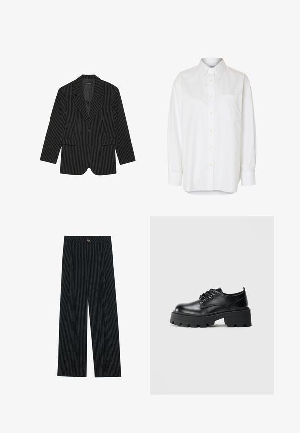 Blazer negro a rayas con solapa de muesca, cierre de un solo botón, dos bolsillos frontales y un ajuste ligeramente oversize. Tejido suave y ajustado.; Camisa blanca de manga larga con botones, cuello puntiagudo y bolsillo en el pecho, mostrada sobre un fondo liso.; Pantalones de pierna ancha a rayas negras, fabricados con una tela texturizada, que cuentan con un cierre frontal de botón y un diseño plisado para mayor interés.; Zapatos de cuero negro con puntera redondeada, diseño de cordones y suela de goma gruesa con surcos profundos. Detalles de costura simple a lo largo de los bordes.