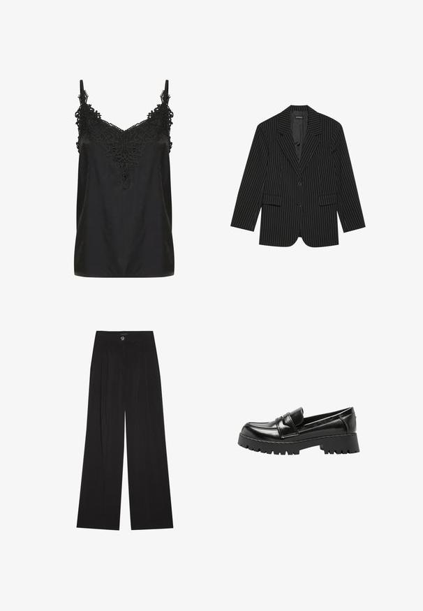 Zwarte pinstripe blazer met een notch-lapel, enkele knoopsluiting, twee voorzakken en een licht oversized pasvorm. Glad, op maat gemaakt stof.; Zwart cami-top met een v-hals en ingewikkelde kantdetails bij de halslijn. Voorzien van spaghettibandjes en een soepele, lichte stof.; Zwarte wijde broekspijpen van zachte stof, met een hoge taille, voorplooien en een enkele knoopsluiting. Glad oppervlak en een op maat gemaakte pasvorm.; Zwarte leren loafer met dikke profielzool en lage hak, met een bandje over de wreef en een moc toe ontwerp.